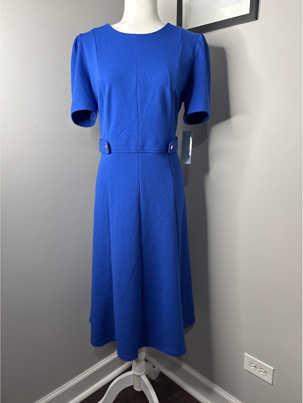 London Times Blue Fit & Flare Dress with Belt Detail, Size US 14
